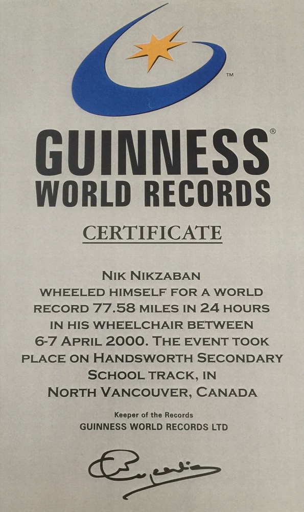 Guinness World Records certificate awarded to Nik Nikzaban